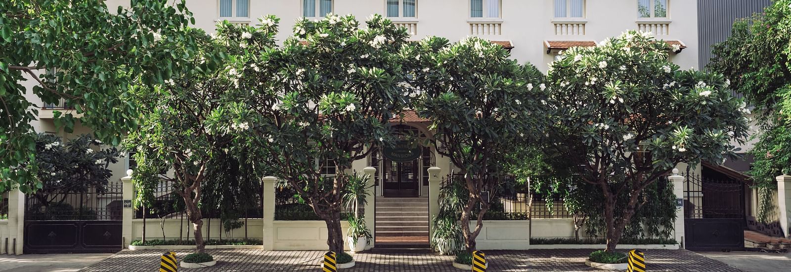 A multi-storey building with a distinctive roof line, framed by foliage | Central Mansions, Phnom Penh