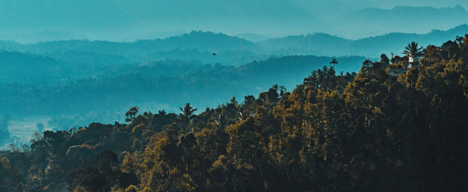 Scenic mountain landscape with layers of rolling hills.