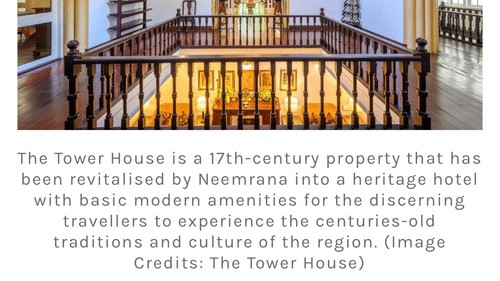 An article in Design Pataki featuring an interior view of The Tower House, Cochin, a 17th-century heritage hotel by Neemrana Hotels.