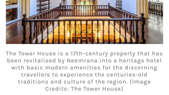 An article in Design Pataki featuring an interior view of The Tower House, Cochin, a 17th-century heritage hotel by Neemrana Hotels.