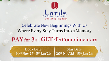 Festive Lords Hotels & Resorts banner showcasing a Book 4N, Get 4th Night Complimentary offer, with holiday decor and two hands toasting with champagne.