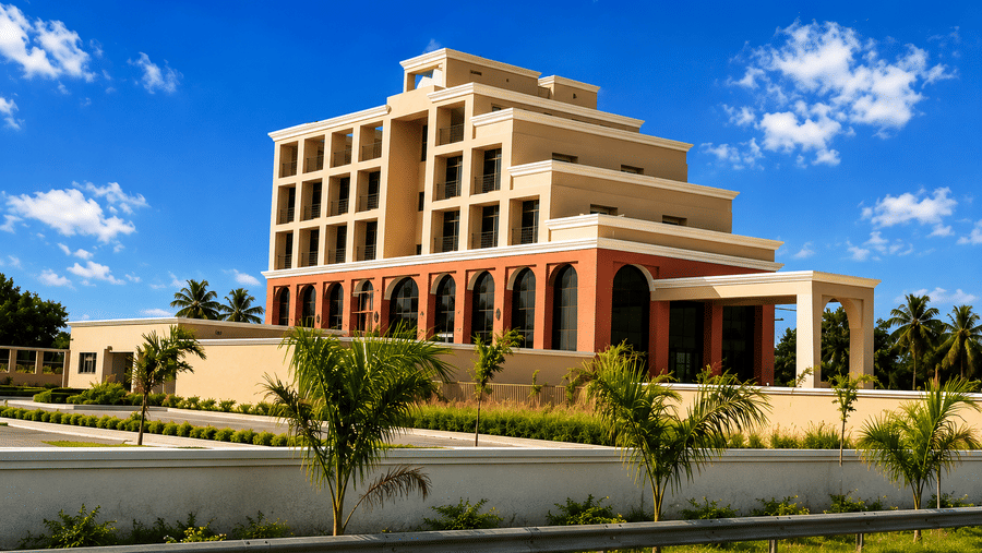 View of Lords Swastik Studio, Kodinar featuring a modern multi-storey building with landscaped gardens and a clear blue sky.