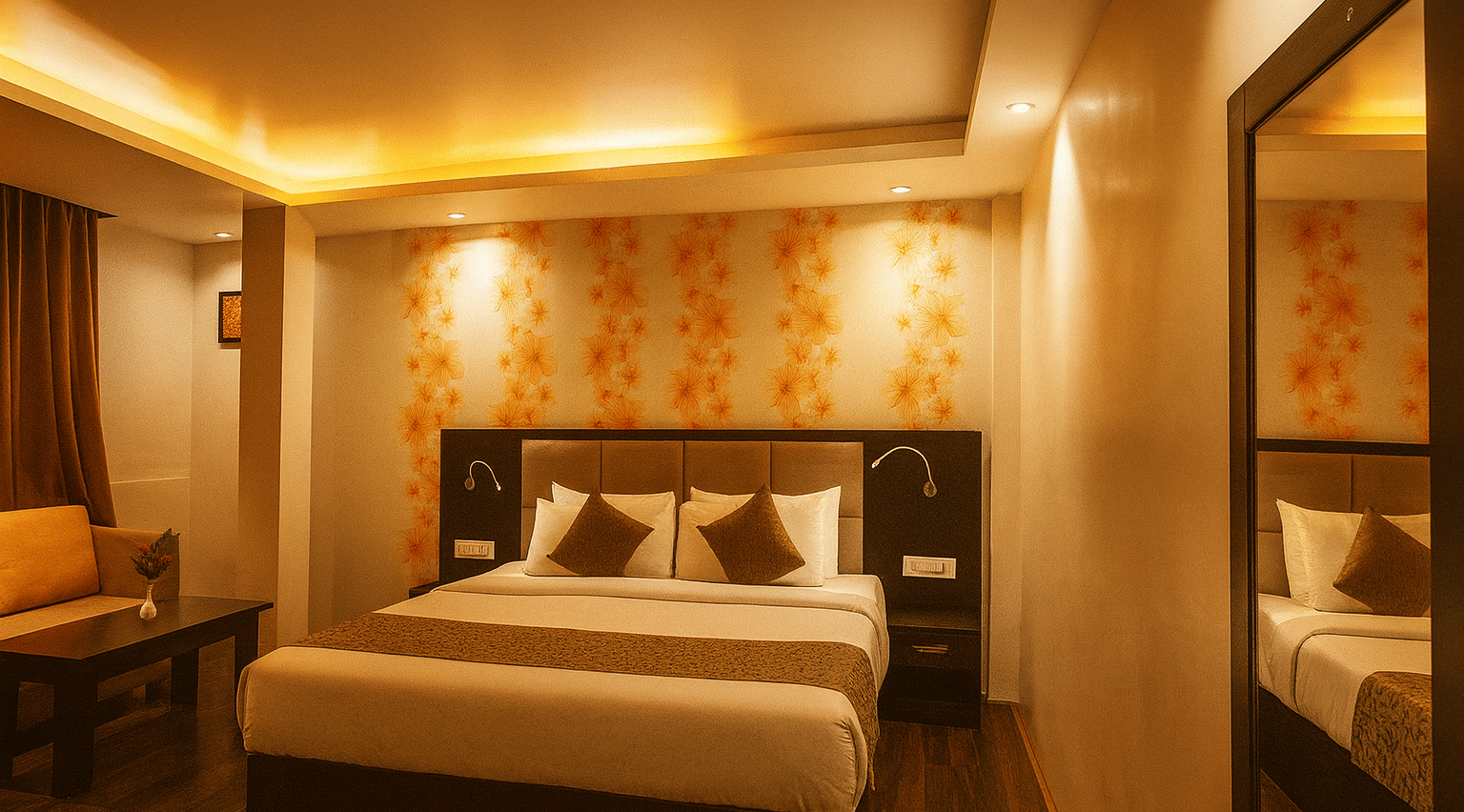 Deluxe king room in a 3-star hotel featuring a cozy double bed with floral accent wall, warm luxury lighting, sofa seating, and elegant modern interiors