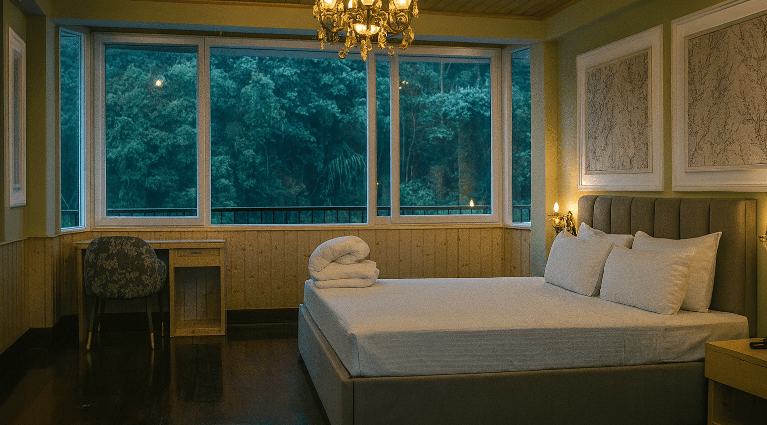 Luxury hotel room in Kurseong with chandelier, elegant bed, wooden interiors, and large windows overlooking lush green forest view