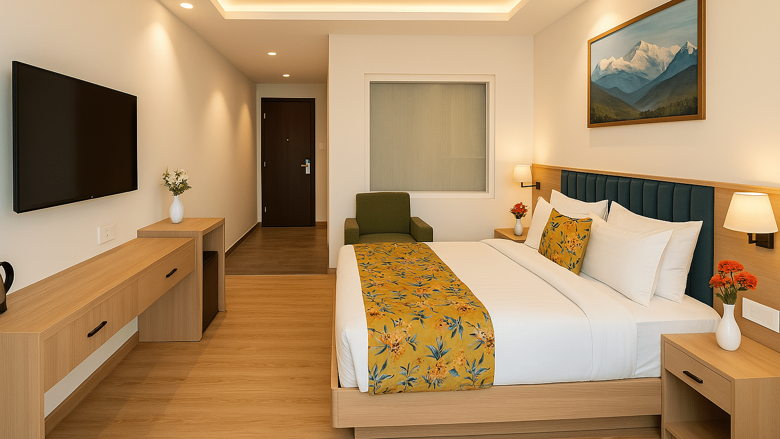 Side view of King Executive Room with a cosy king sized bed, wall-mounted TV, and elegant ceiling design at Summit Norling Resort & Spa, Gangtok