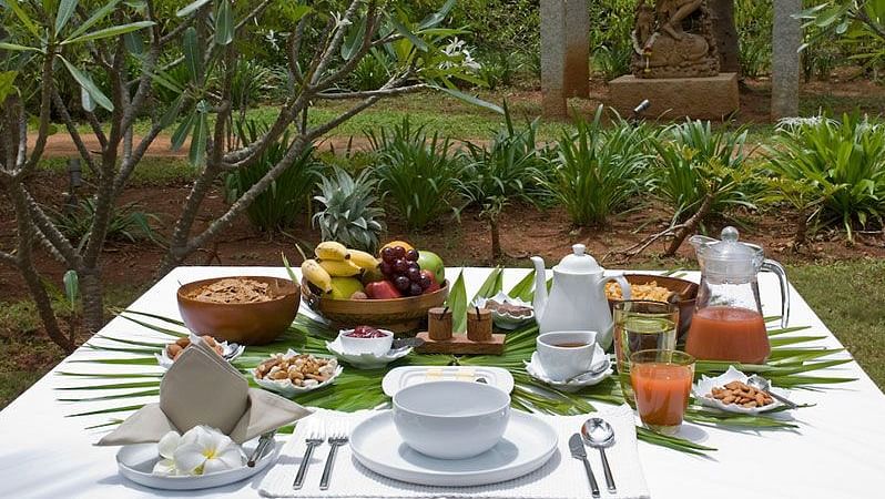 A table filled with fresh, nutritious Ayurvedic food in a lush green environment - Shreyas Retreat