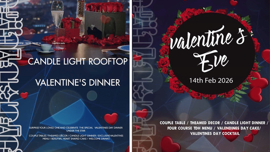 Promotional banner for Valentines Eve Candlelight Dinner at Hablis Hotel Chennai featuring themed couple tables, curated menu, cake and beverages on 14th February 2026.