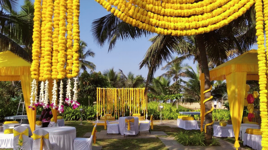 Vibrant floral decor for a ceremony at Azaya Beach Resort Goa, one of the top wedding resorts in Goa.