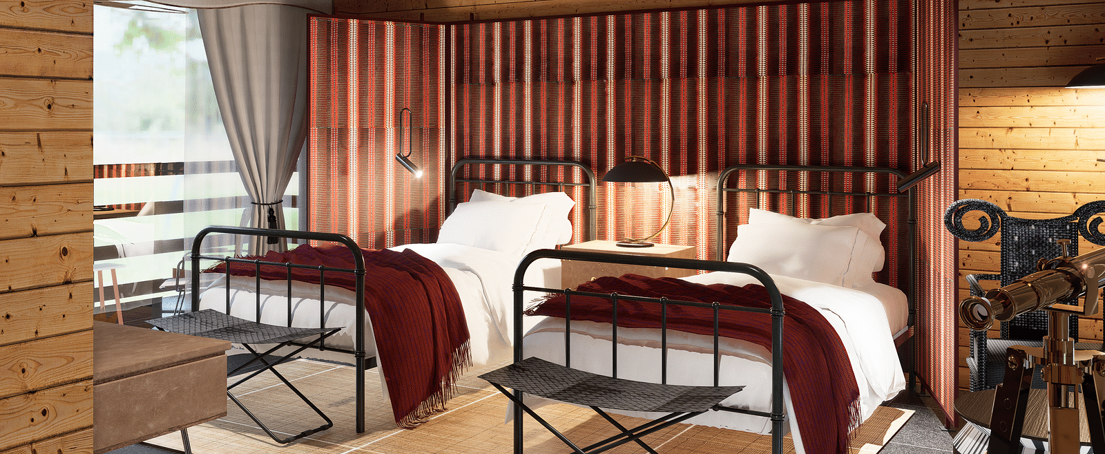 A bedroom with twin beds, a ceiling fan, a striped partition, and a window with curtains - Rhino and River BluSalzz Collection, Pobitora