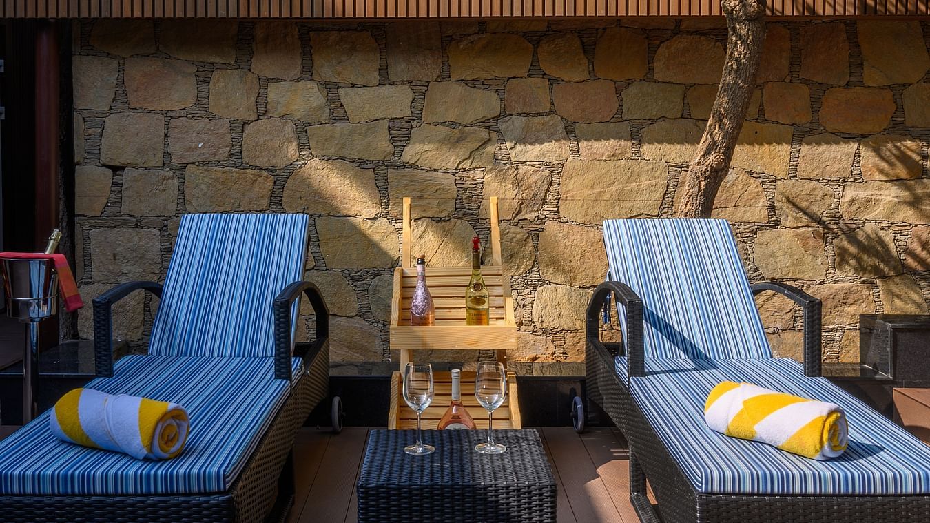 the sit out area of our presidential suite with a jacuzzi for a delightful stay in Pushkar24