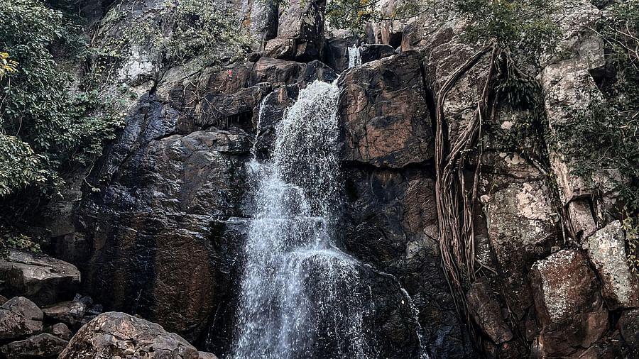 Image of a waterfall cascading down rocky mountain with lush top