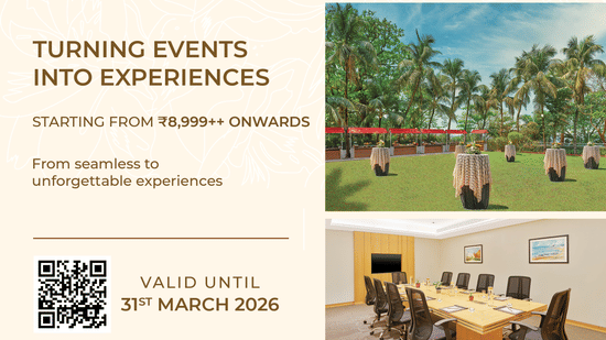 Promotional creative for Meetings & Events Offer at The Resort Mumbai, offering event experiences starting from INR 8,999 and valid till 31st March, 2026.