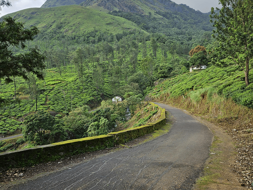 Winding road through lush green hills with the view of the mountains ahead