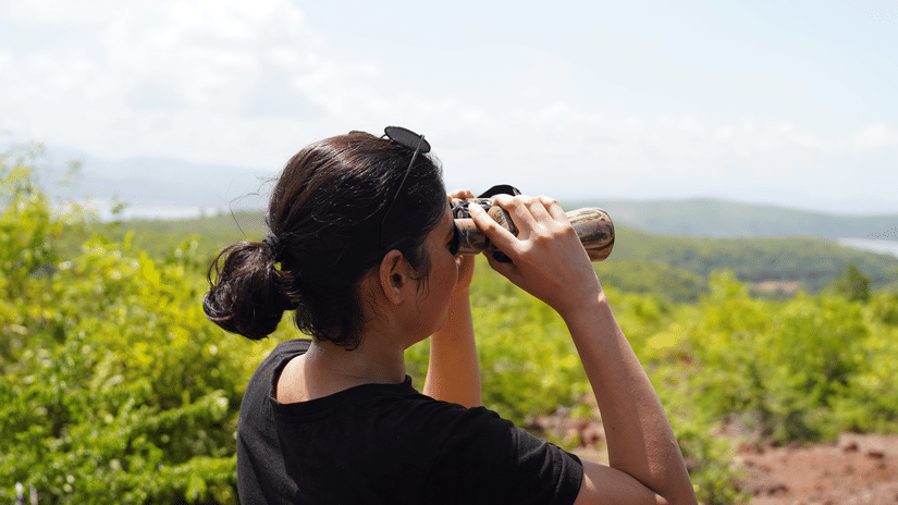 A person using binoculars for bird watching - Stone Wood Nature Resort, Gokarna