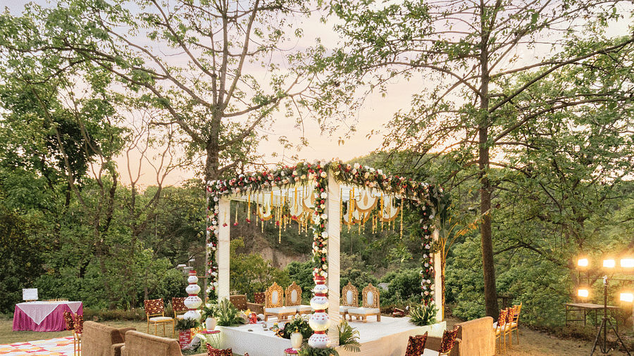 A view of a wedding setup in the lawn at The Sylvan Retreat, Dehradun.