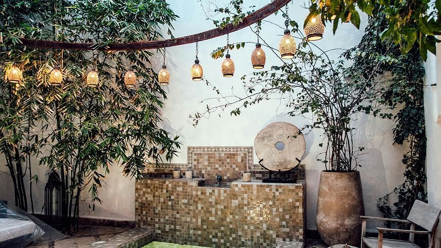 Jacuzzi area of a hotel with trees and lighting