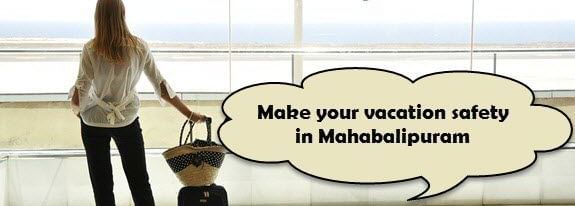 A woman standing near an airport window with a suitcase and a bag, watching an airplane take off, with the words 'Make your vacation safety in Mahabalipuram', on the image.