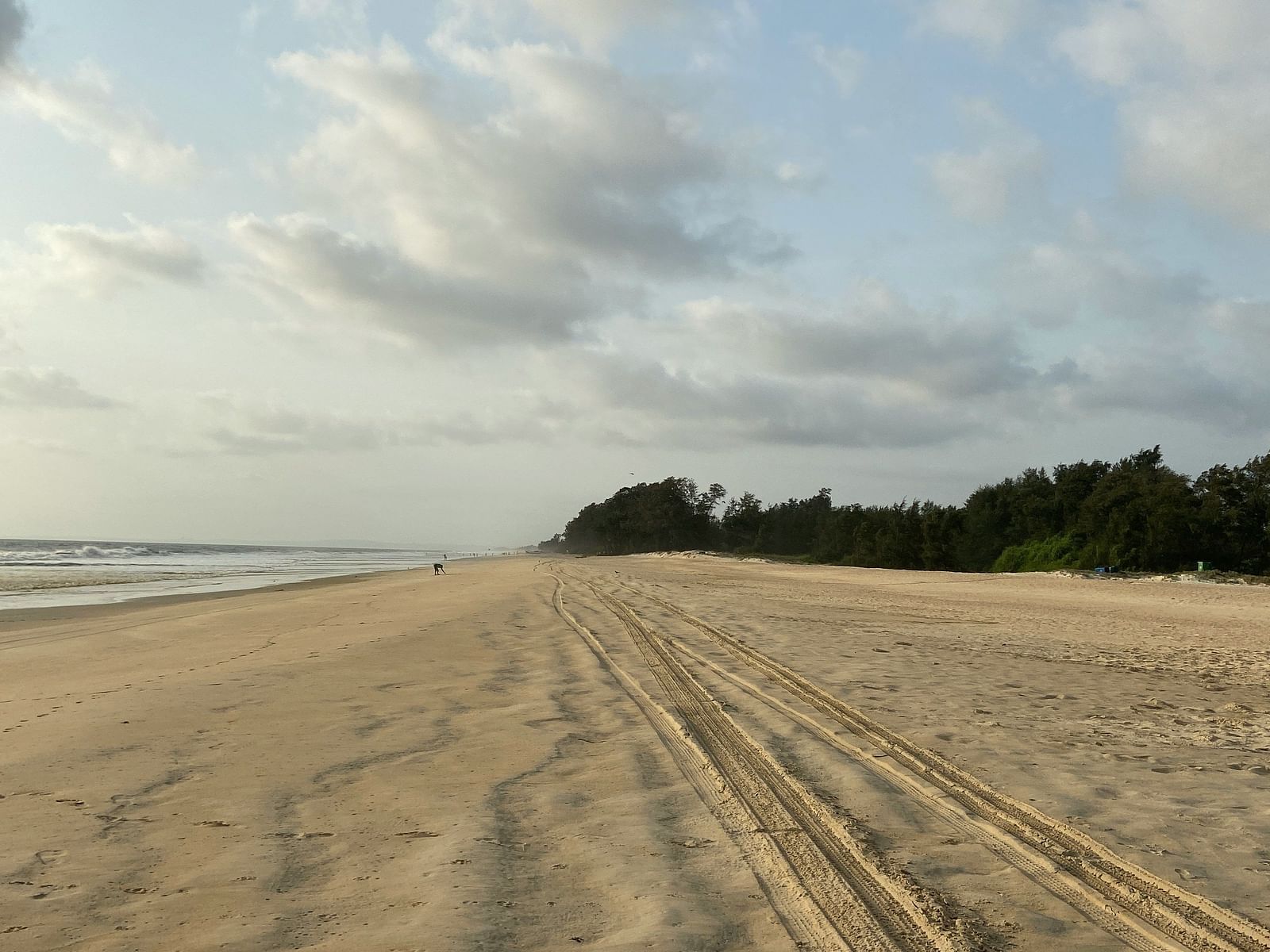 A vast, empty sandy beach stretching into the distance under a partly cloudy sky, with tire tracks 