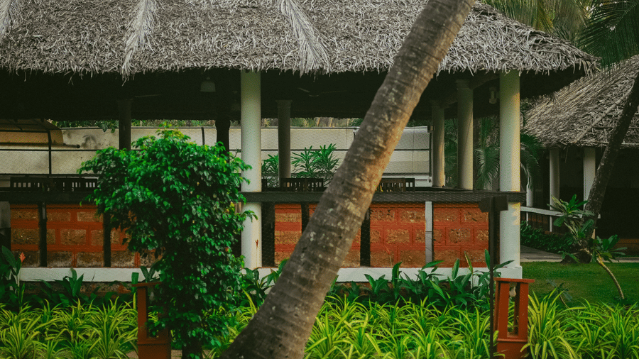 The lush landscaped grounds of Ayur On The Beach Nattika showcasing a traditional thatched-roof building and palm trees.
