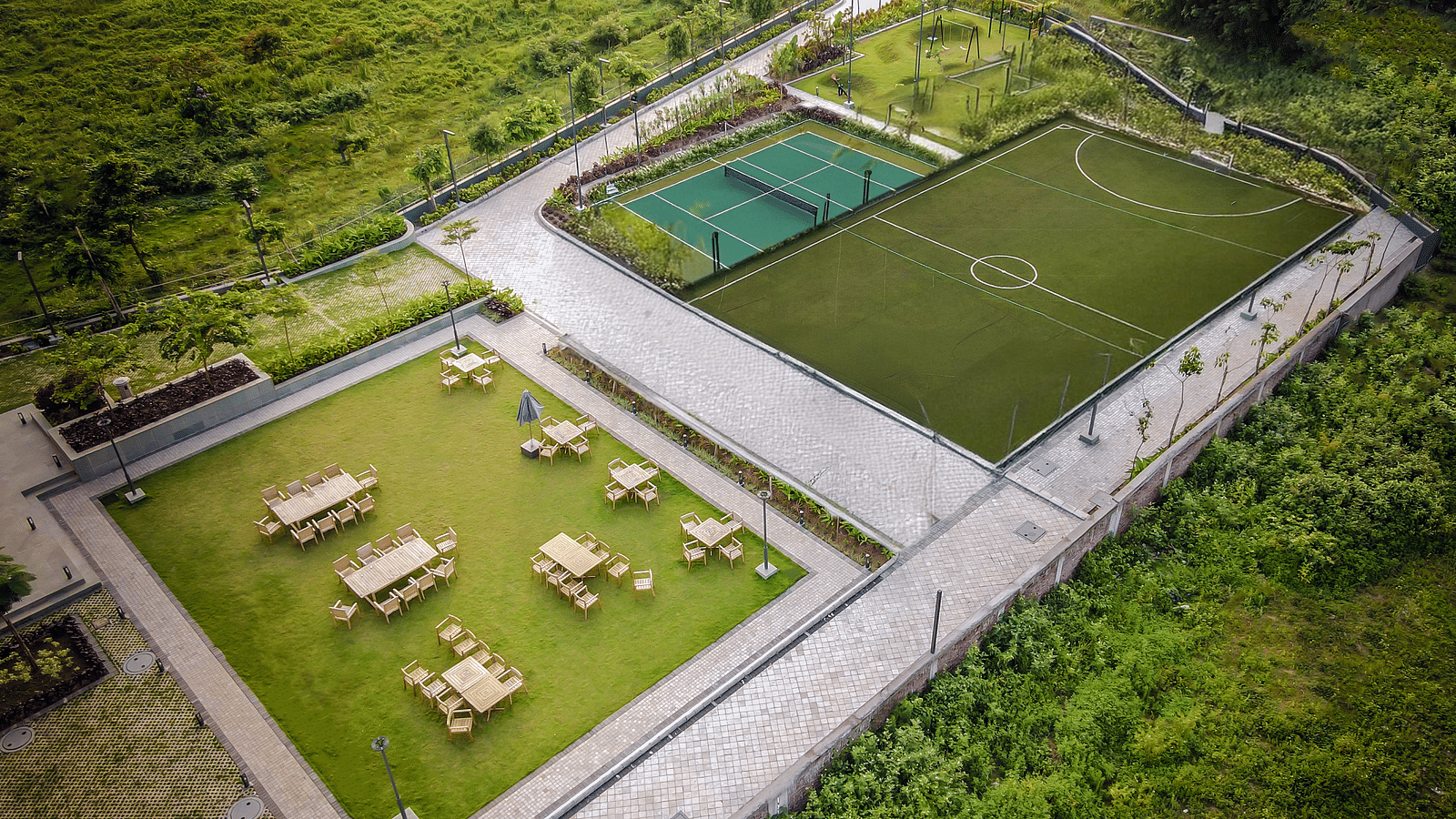 Aerial view of the futsal field at Singalila Club during the day