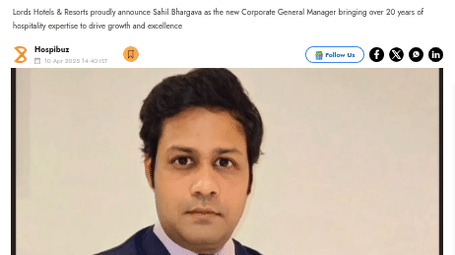 An article announcing the appointment of a new corporate general manager at Lords Hotels & Resorts.