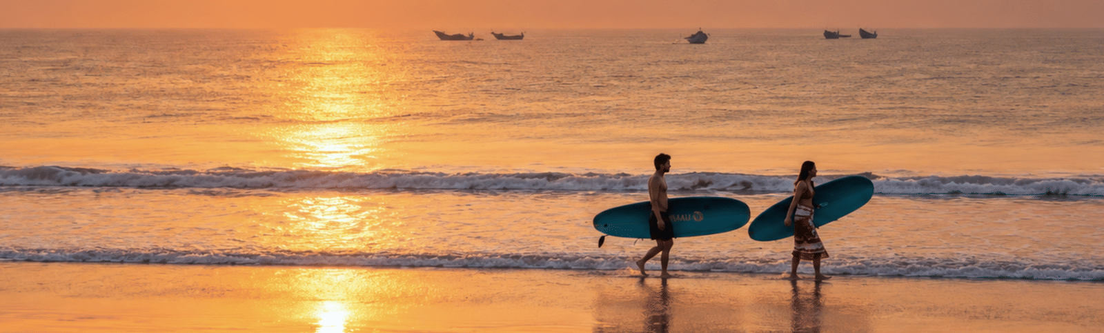 Two people walking along the shore carrying surfboards at sunset, with fishing boats on the sea, at MAYFAIR Palm Beach Resort, Gopalpur-on-Sea.