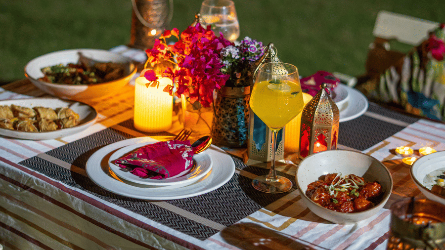  Several eatables placed on a table in a lawn at Neer Ganga.