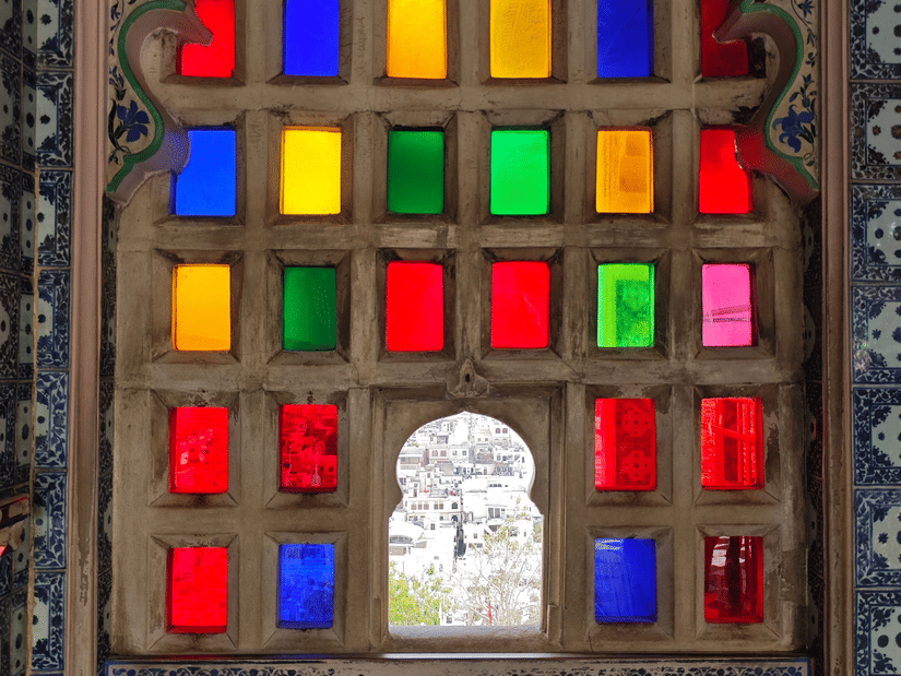 Colourful stained glass window at Udaipur City Palace.