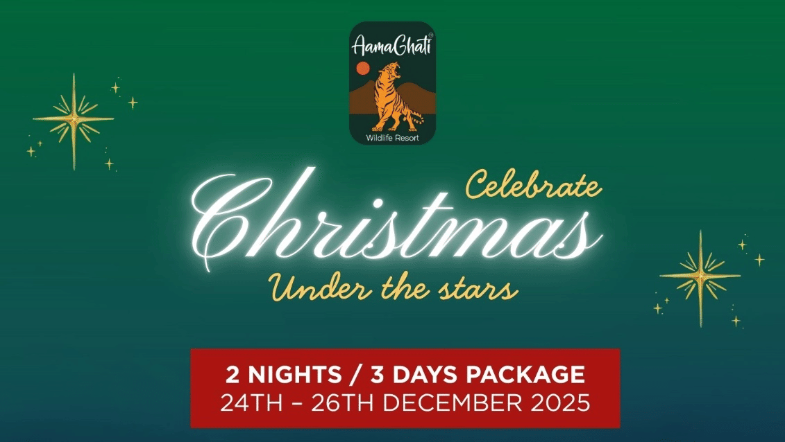 Christmas celebration offer poster for AamaGhati Wildlife Resort showing 2 nights/3 days package details, room prices, dates, and festive messaging with resort image.