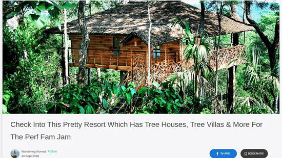 An online travel recommendation article featuring an elevated wooden treehouse villa for family vacations at Tranquil Resort, Wayanad.