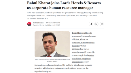 A close-up of Rahul Kharat, the newly appointed Corporate Human Resource Manager at Lords Hotels & Resorts, wearing a grey suit and striped tie.