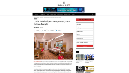 An article by Business Review Live showcasing Lords Hotels Opens new property near Golden Temple.