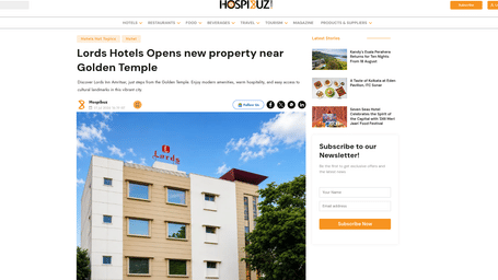 An article by Hospibuzz showcasing Lords Hotels Opens new property near Golden Temple, Amritsar.