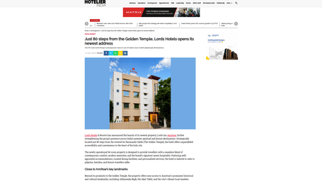 An article by Hotelier india showcasing Just 80 steps from the Golden Temple, Lords Hotels opens its newest address.