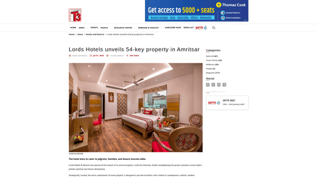 An article by T3 showcasing Lords Hotels unveils 54-key property in Amritsar.