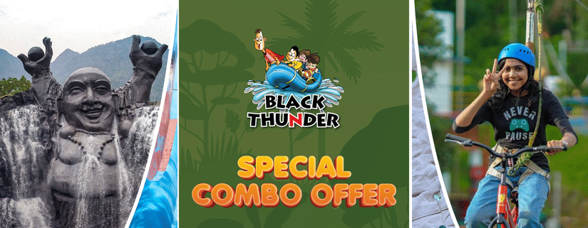 offer brochure showing prices, and inclusions with images of water slides, and adventure rides at Black Thunder Water Theme Park facilities