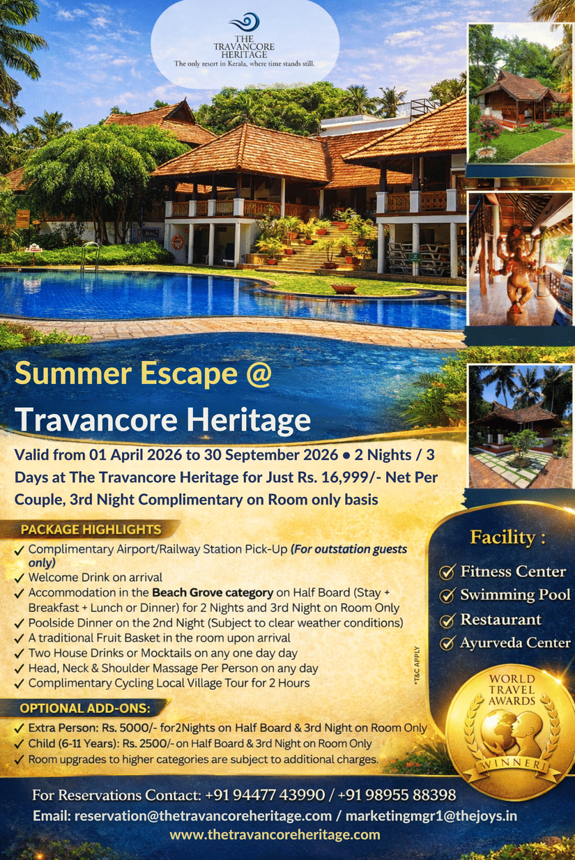 Summer Escape package at Travancore Heritage Kerala – 2N/3D for INR 16,999/couple, valid April–September 2026.