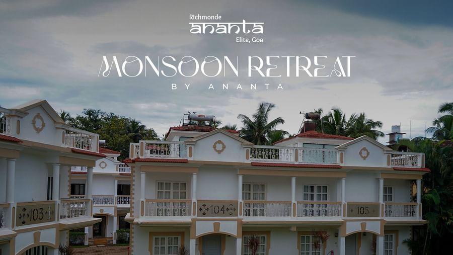 Charming monsoon getaway at Ananta's villa retreat in Goa, featuring elegant rooms, a serene pool, cozy outdoor dining, and exclusive seasonal offers for couples and families.