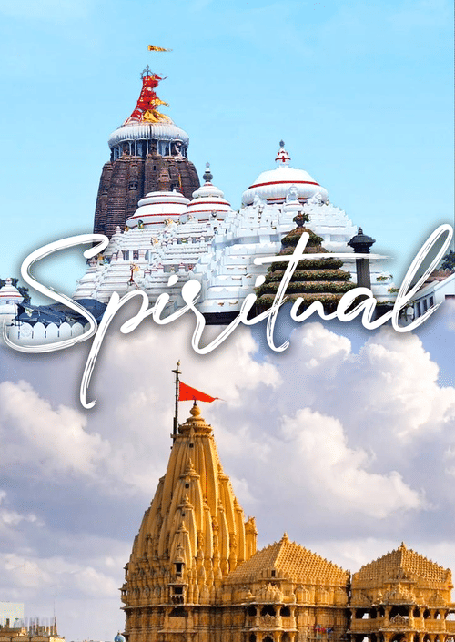 Ornate temple with colorful domes against a blue sky, styled with “Spiritual” text, representing cultural heritage, faith, and traditional architecture travel themes.