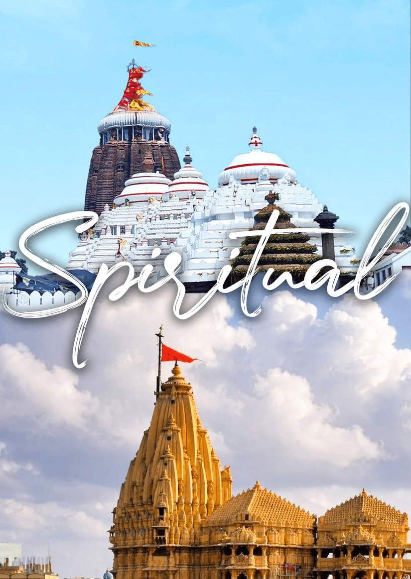 Ornate temple with colorful domes against a blue sky, styled with “Spiritual” text, representing cultural heritage, faith, and traditional architecture travel themes.