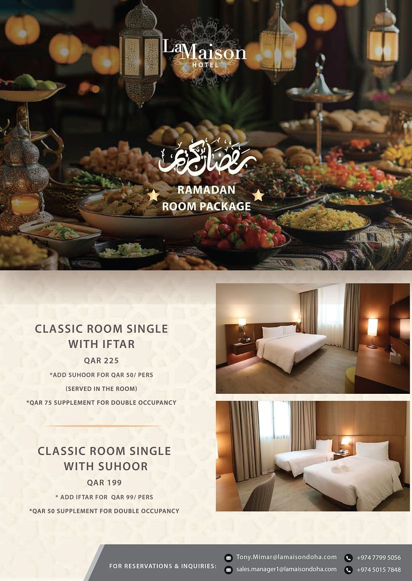 A creative image of Ramadan Room Package which includes Classic Room for Iftar and Suhoor at La Maison Hotel, Doha
