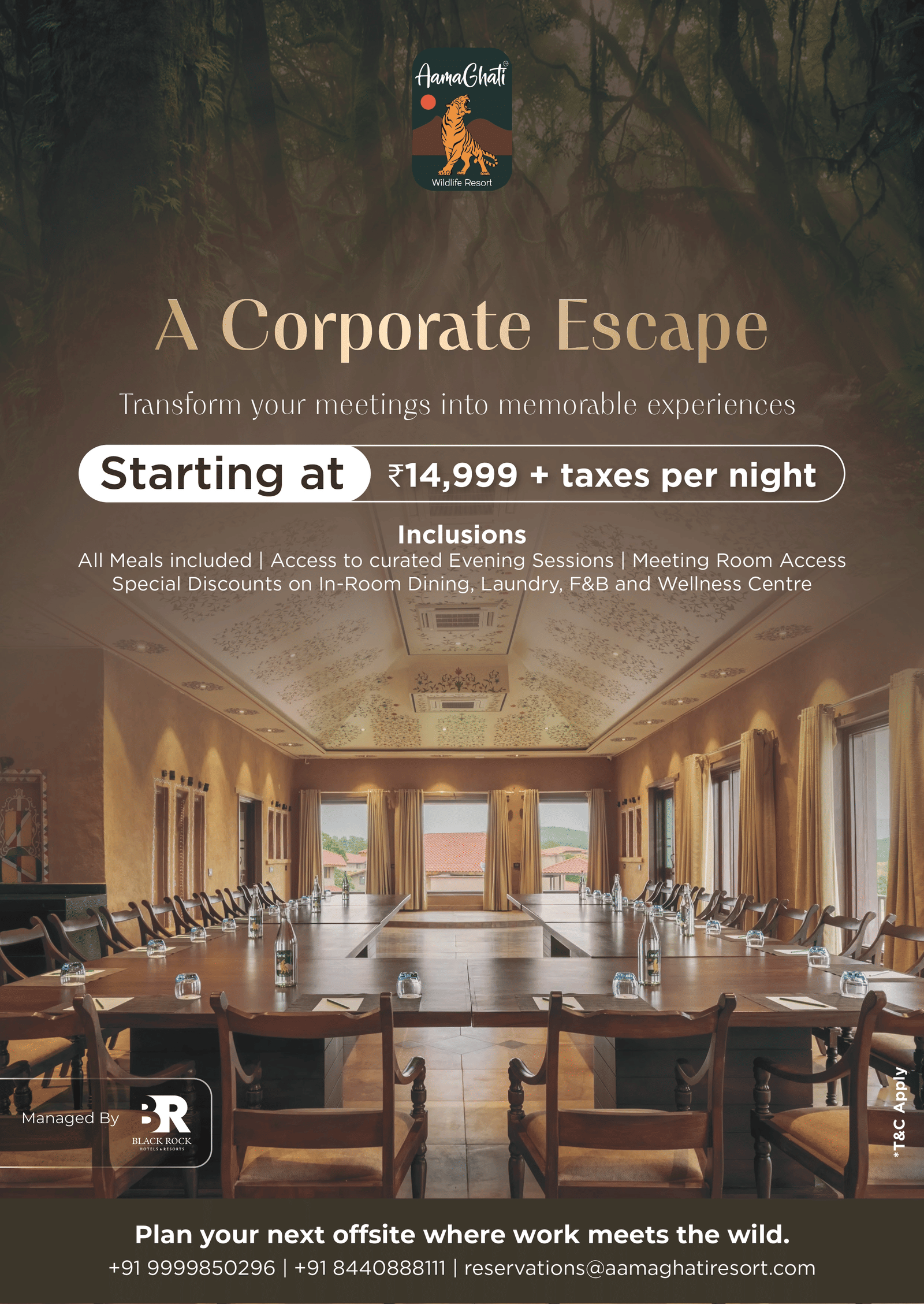 Creative for Corporate Escape package at AamaGhati Wildlife Resort featuring the package inclusions and starting from INR 14,999 plus taxes per night.