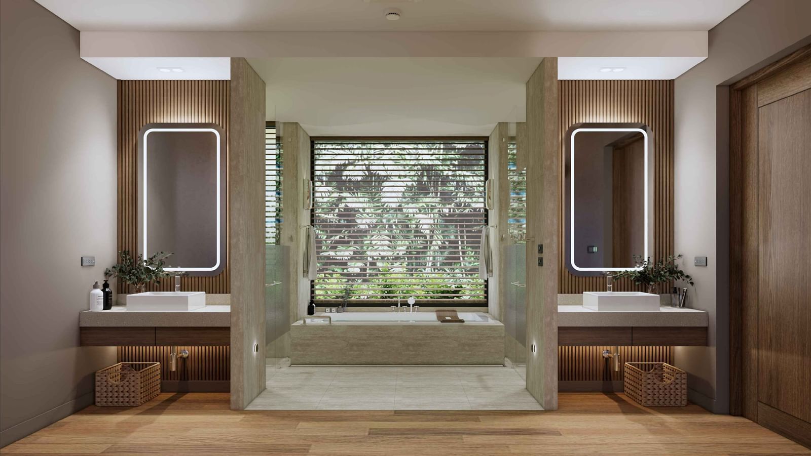 A bathroom with two illuminated mirrors, twin sinks, wooden accents, and a large bathtub by a window with outdoor garden views at Ramada Resort by Wyndham Khao Lak.