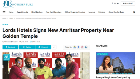 An article by Hotelier Buzz showcasing lords launches a new property near the Golden Temple.