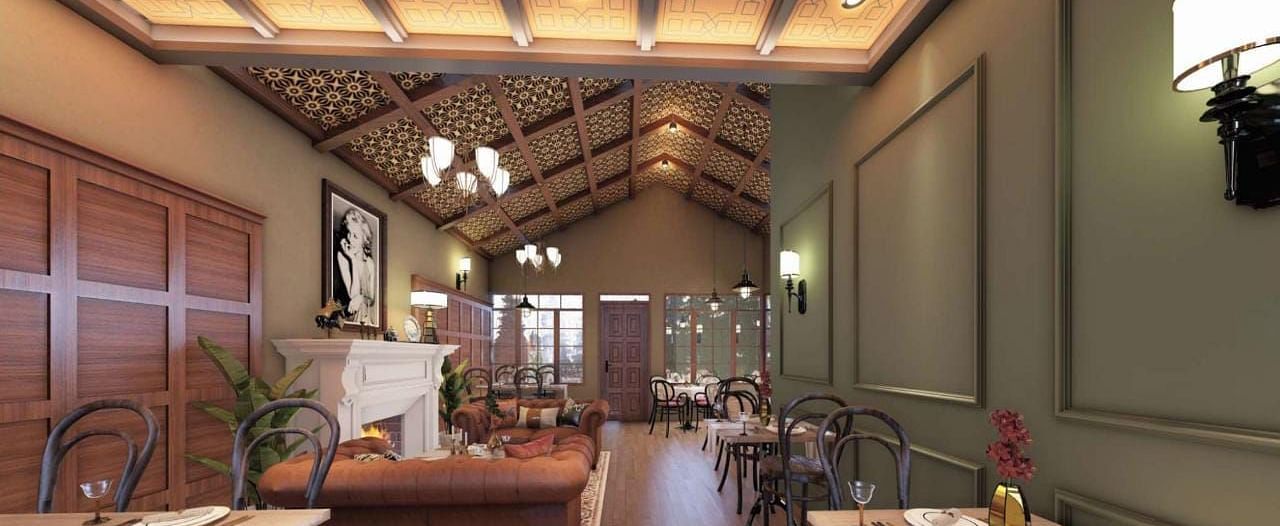 An expansive dining or common room features rich wood panelling and a beautifully coffered ceiling, ideal for gatherings - BluSalzz Escapade Resort, Dalhousie