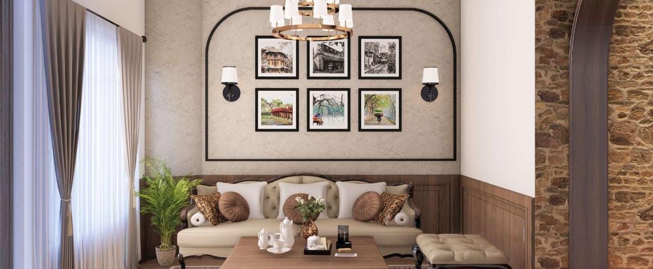 Living area with exposed wooden beams, a picture gallery wall, and a stone accent column at BluSalzz Terrah Hills Resort, Dalhousie.