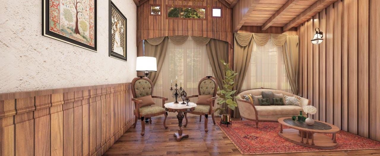 Traditional sitting room with a vaulted wooden ceiling, panelled walls, and ornate furniture set on a red rug at BluSalzz Terrah Hills Resort, Dalhousie.