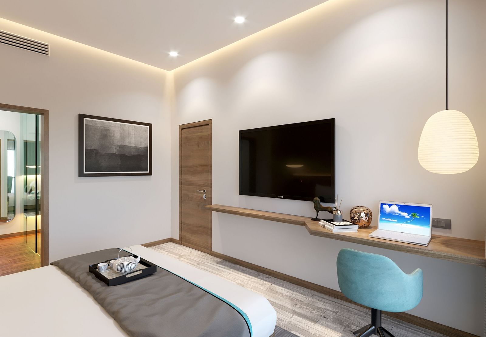One Bedroom Suite in Kinshasa at Kertel Suites with a wall mounted television in front of a double bed