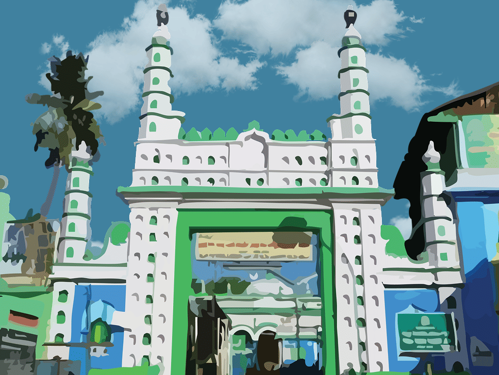 Green-and-white mosque entrance with twin minarets and an inviting arched gateway.