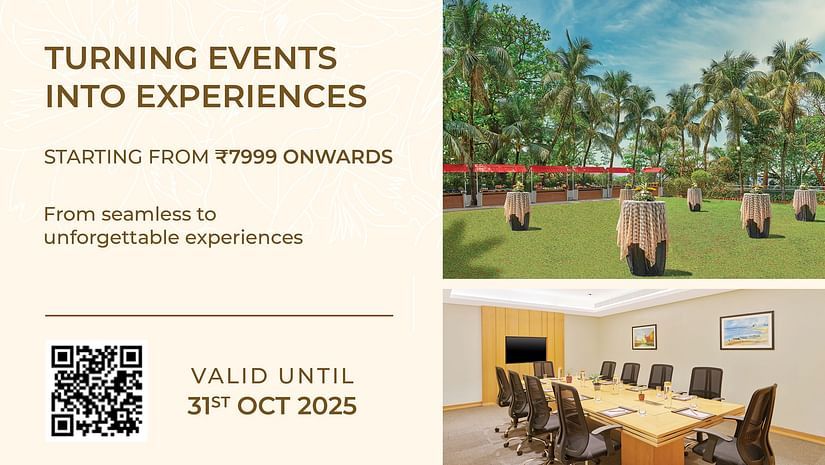 Promotional flyer for The Resort Mumbai's - Turning Events into Experiences offer featuring meeting spaces, outdoor lawn, rooms, and validity till 31st Oct 2025.